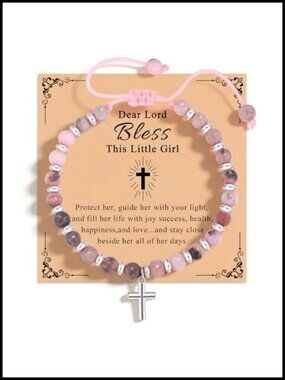 Adjustable Pink Zebra Stone Bracelet, 925 Sterling Silver Cross Charm Easter